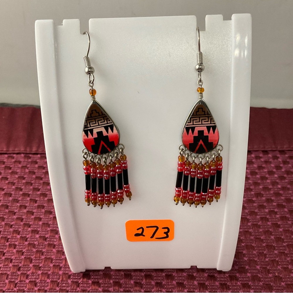 Handcrafted Red and Black Native American Beaded Earrings
